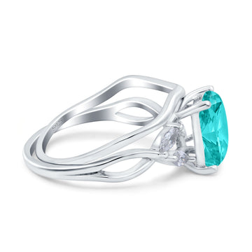 Two Piece Art Deco Emerald Cut Wedding Ring Simulated Paraiba Tourmaline CZ 925 Sterling Silver